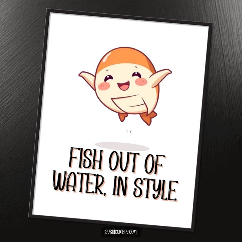 Funny Free Printable Wall Art: Smiling salmon nigiri doing a playful leap, capturing a moment of pure sushi joy.