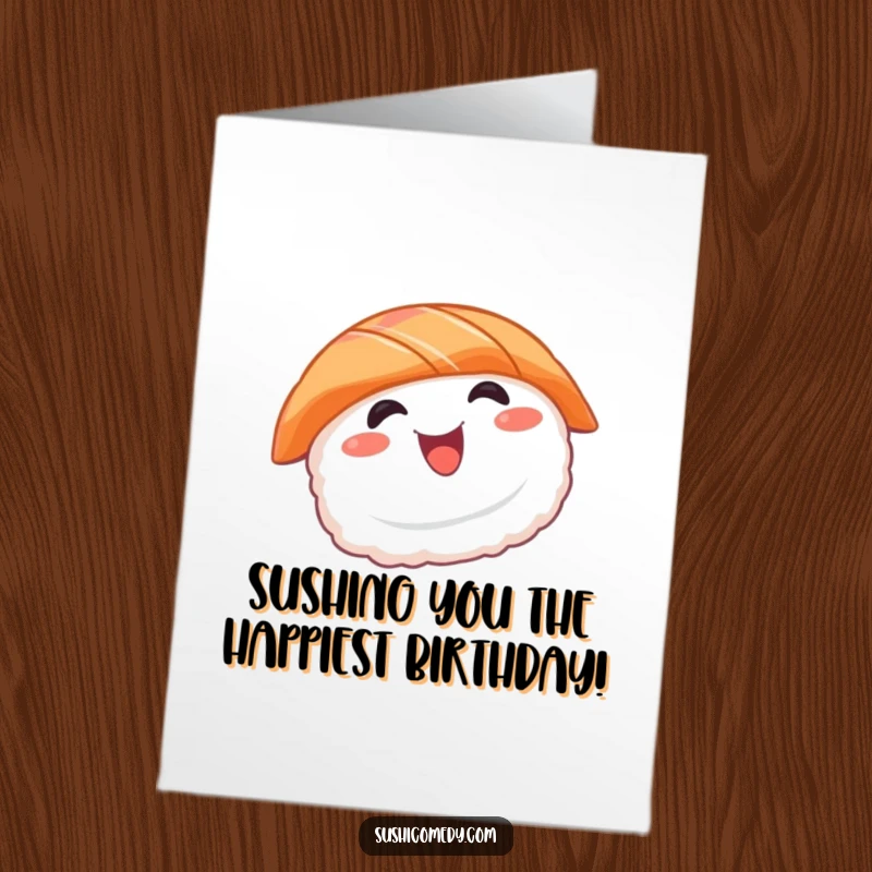 Funny Free Printable Birthday Card: Smiling salmon sushi doing a happy spin, perfect for a fun DIY gift.