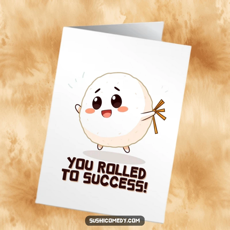 Funny Free Printable Congrats Card: A giggling rice ball character bouncing with a nori strip, celebrating achievements with glee.