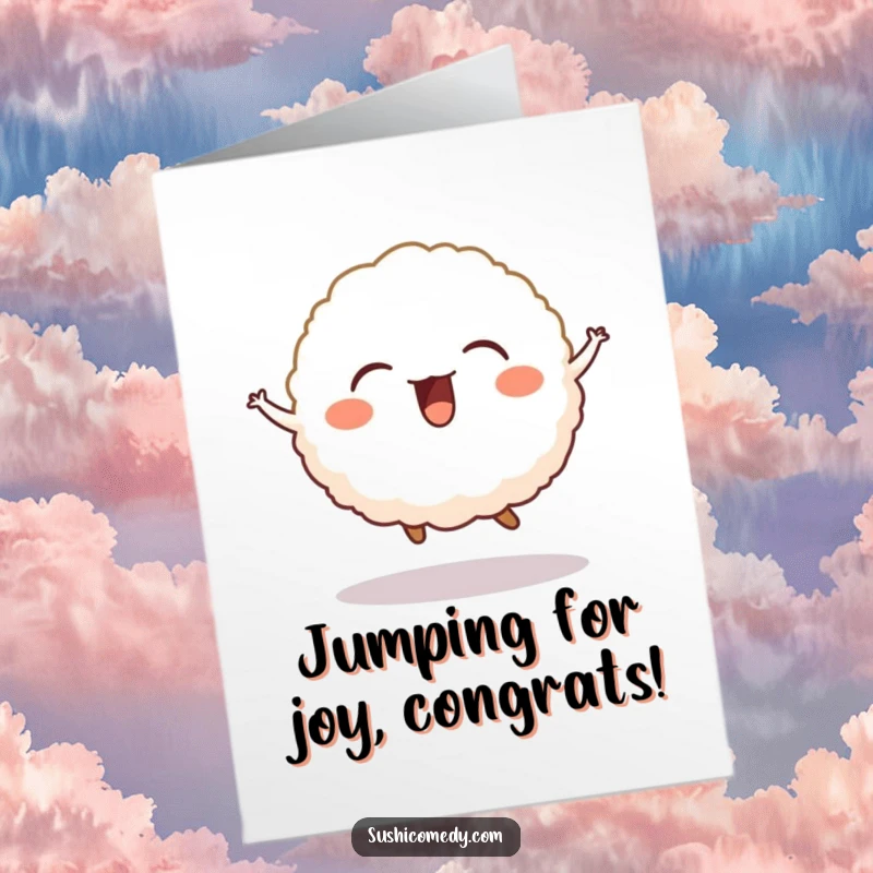 Funny Free Printable Congratulations Card: A cheerful rice ball doing a little jump, celebrating a wonderful achievement.