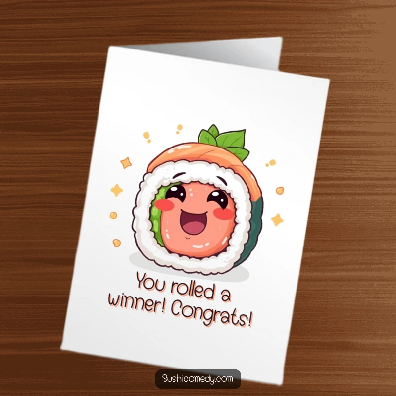 Funny free printable congratulations card showing a gleeful tuna maki mid-roll, celebrating your big win.