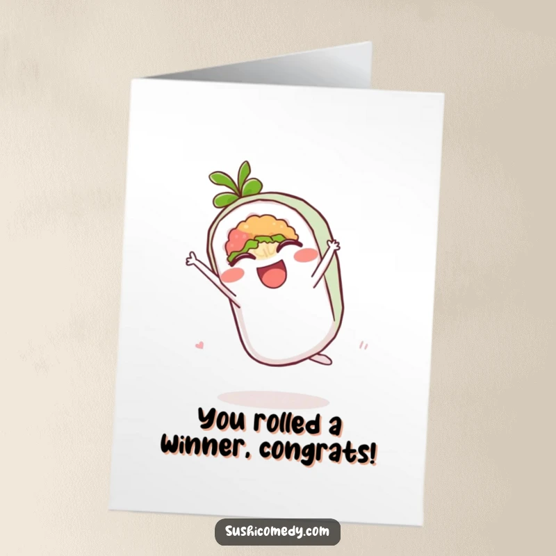 Funny Free Printable Congratulations Card: A delighted maki roll doing a cartwheel, celebrating a major success.