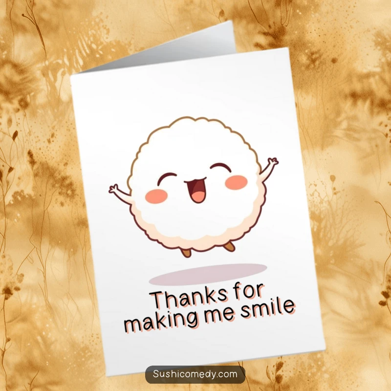 Funny Free Printable Thank You Card: A happy rice ball joyfully jumping, conveying thanks with a contagious giggle.