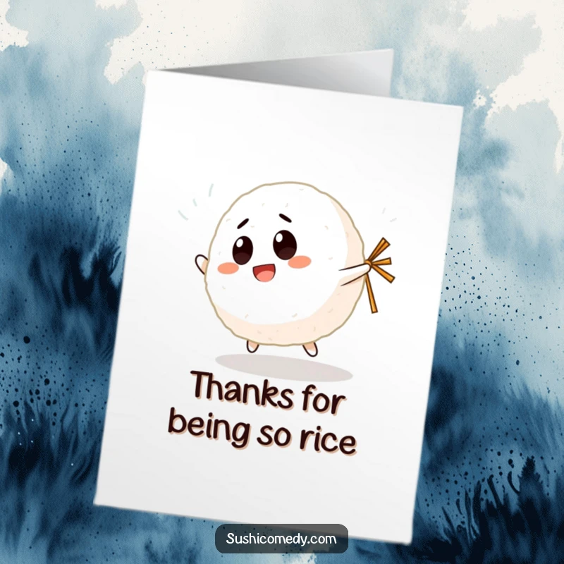 Funny Free Printable Thank You Card: A giggling rice ball character bouncing with a nori strip, expressing thanks happily.