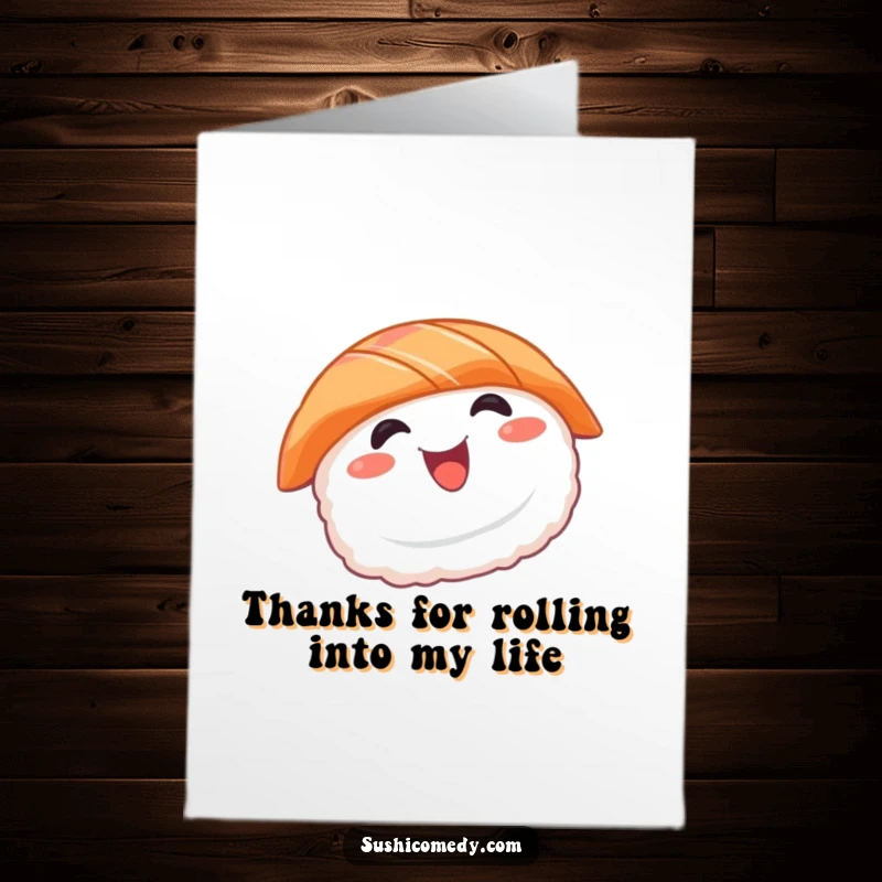 Funny Free Printable Thank You Card: A happy salmon sushi doing a joyful spin, a unique DIY present.