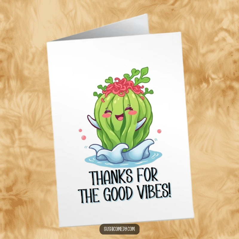 Funny free printable thank you card of a happy seaweed salad doing a friendly, gentle wave.