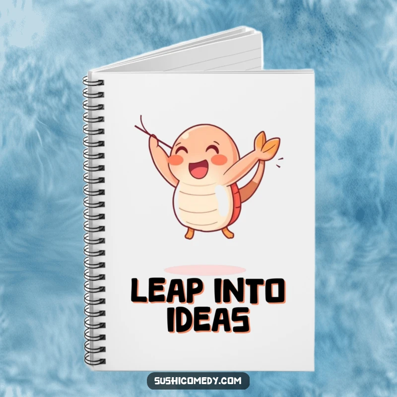 Funny Happy Shrimp Sushi Notebook cover art depicting a joyful shrimp sushi character in a happy leap, inspiring creativity.