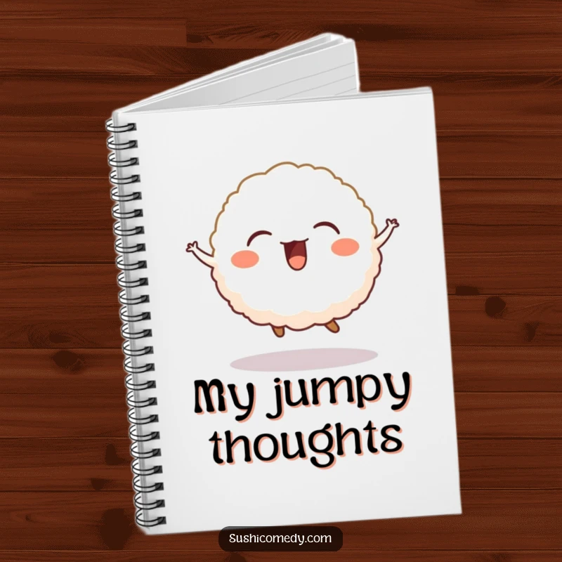 Funny notebook cover art of a giggling rice ball mid-jump, inspiring cheerful note-taking.