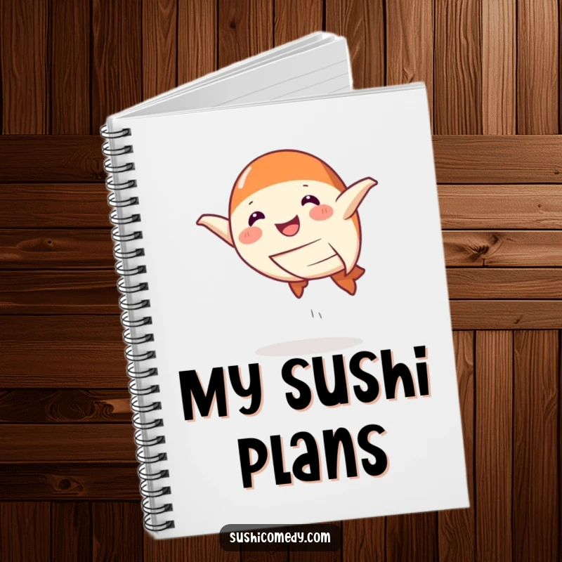 Funny Notebook cover featuring a smiling salmon nigiri doing a playful leap, inspiring creative and delicious note-taking.