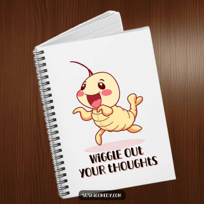 Funny shrimp tempura sushi roll notebook, delightfully wiggling its legs, a fun and practical stationery item.