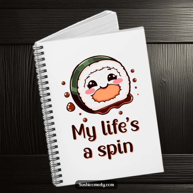 Funny Sushi Spin Notebook cover art depicting a smiling sushi piece in a playful spin with soy sauce, inspiring creativity.