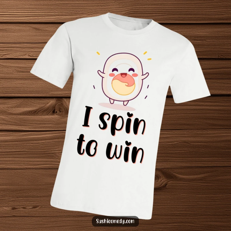 Funny California roll sushi t-shirt, jovially spinning with delight, a comfortable and humorous graphic tee.