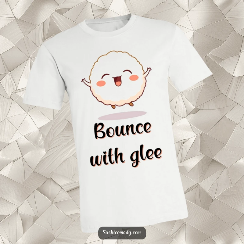 Funny t-shirt graphic of an adorable, giggling rice ball in mid-jump, radiating happiness.