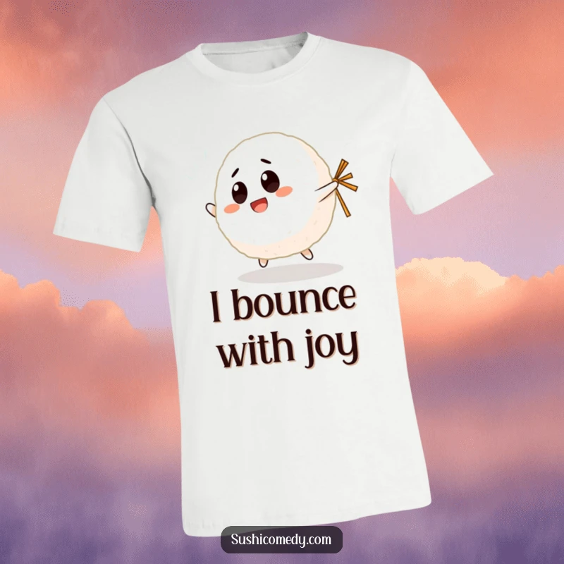 Funny Giggling Rice Ball T-Shirt showcasing a happy rice ball character mid-bounce, with a tiny nori strip adding character, radiating fun.