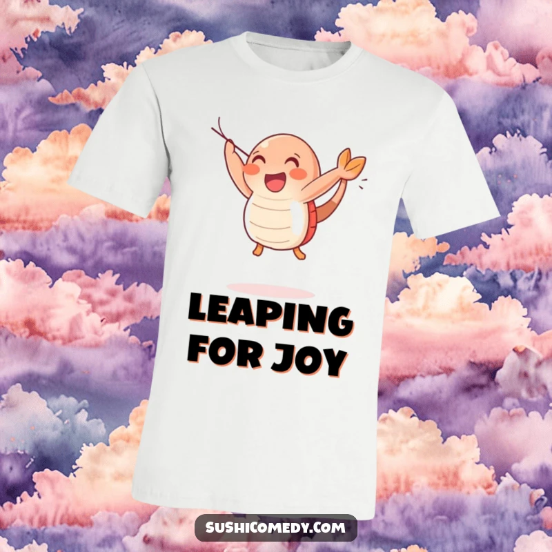 Funny Happy Shrimp Sushi T-Shirt depicting a cheerful shrimp sushi character performing a joyful leap, full of energy and smiles.
