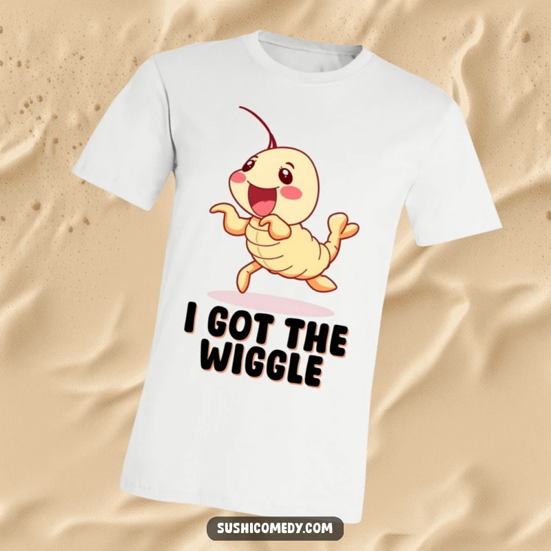 Funny shrimp tempura sushi roll t-shirt, delightfully wiggling its legs, a comfortable and hilarious tee.