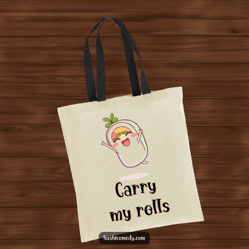 Funny tote bag illustration of a delighted maki roll performing a lively cartwheel.
