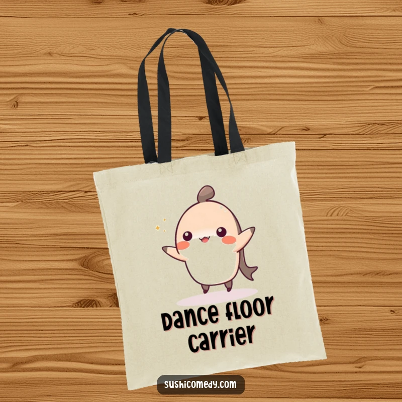 Funny tote bag illustration of a cheerful nigiri sushi performing a cute and happy dance.