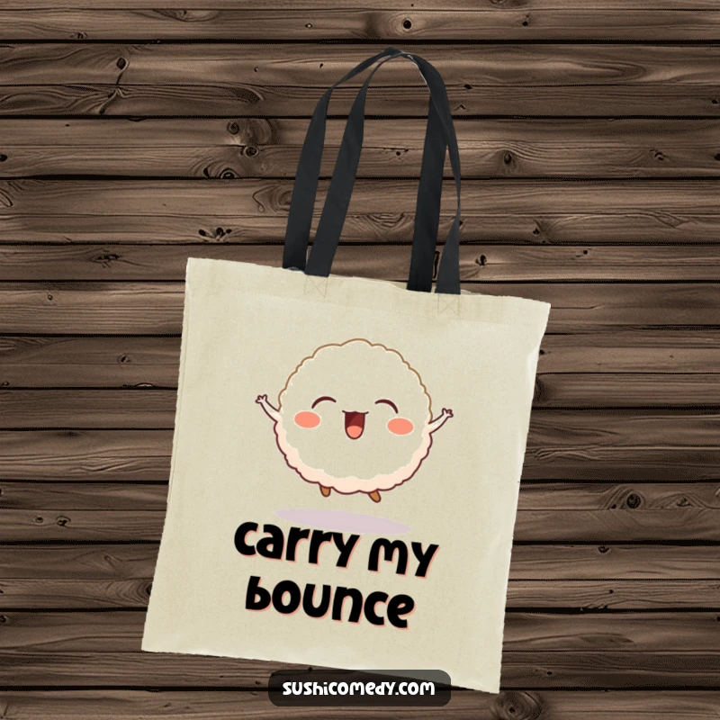 Funny tote bag illustration of a happy, giggling rice ball performing a small, cheerful jump.