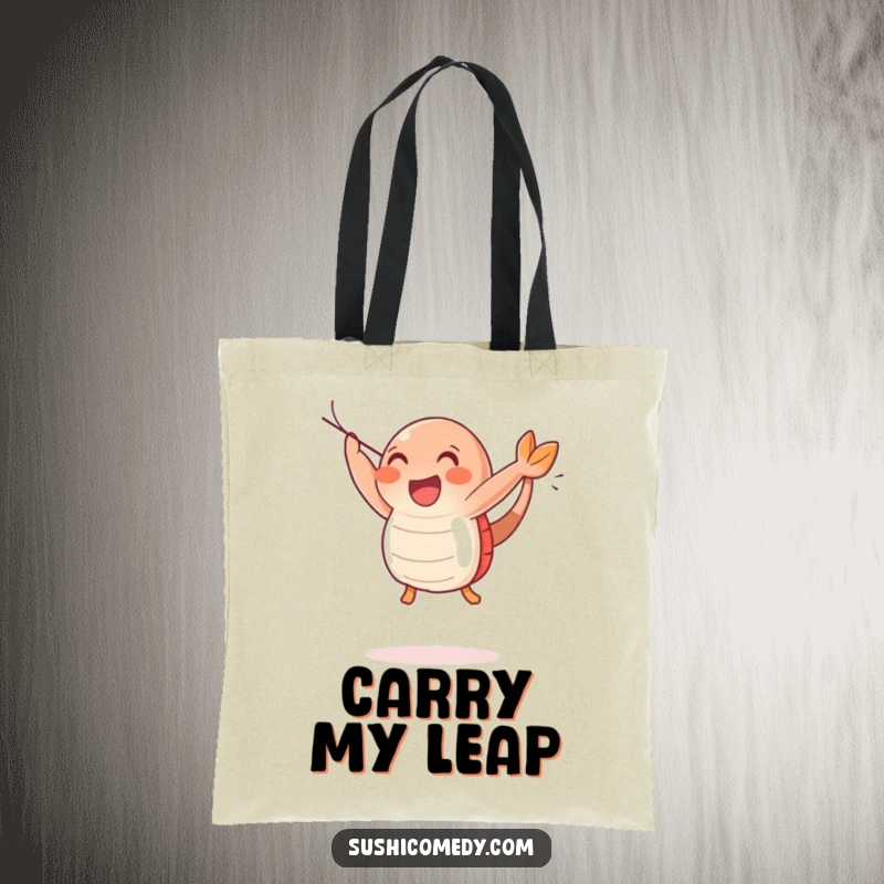 Funny Happy Shrimp Sushi Tote Bag showcasing a joyful shrimp sushi character doing a happy leap, full of enthusiasm and fun.