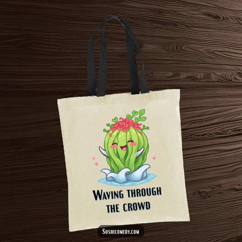 Funny seaweed salad tote bag, happily performing a gentle wave, a practical and humorous accessory.