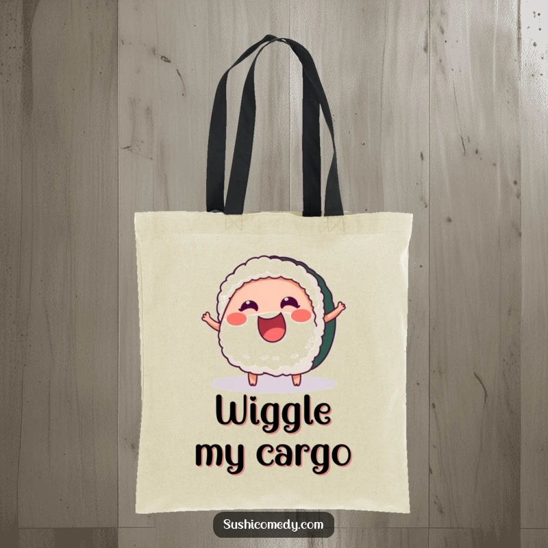 Funny Cheerful Tuna Sushi Tote Bag showcasing a happy tuna sushi piece wiggling with excitement, full of enthusiasm and fun.